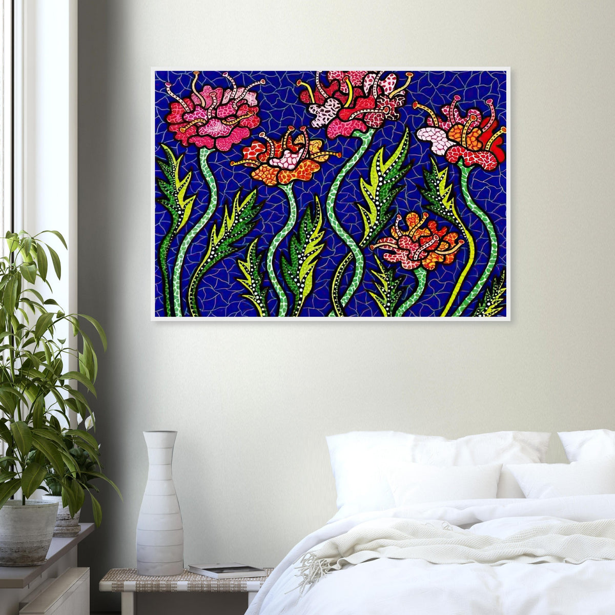 Yayoi Kusama framed print — Summer Flowers brings a seasonal specificity to Kusama’s botanical imagery, suggesting a moment of warmth and vigorous bloom