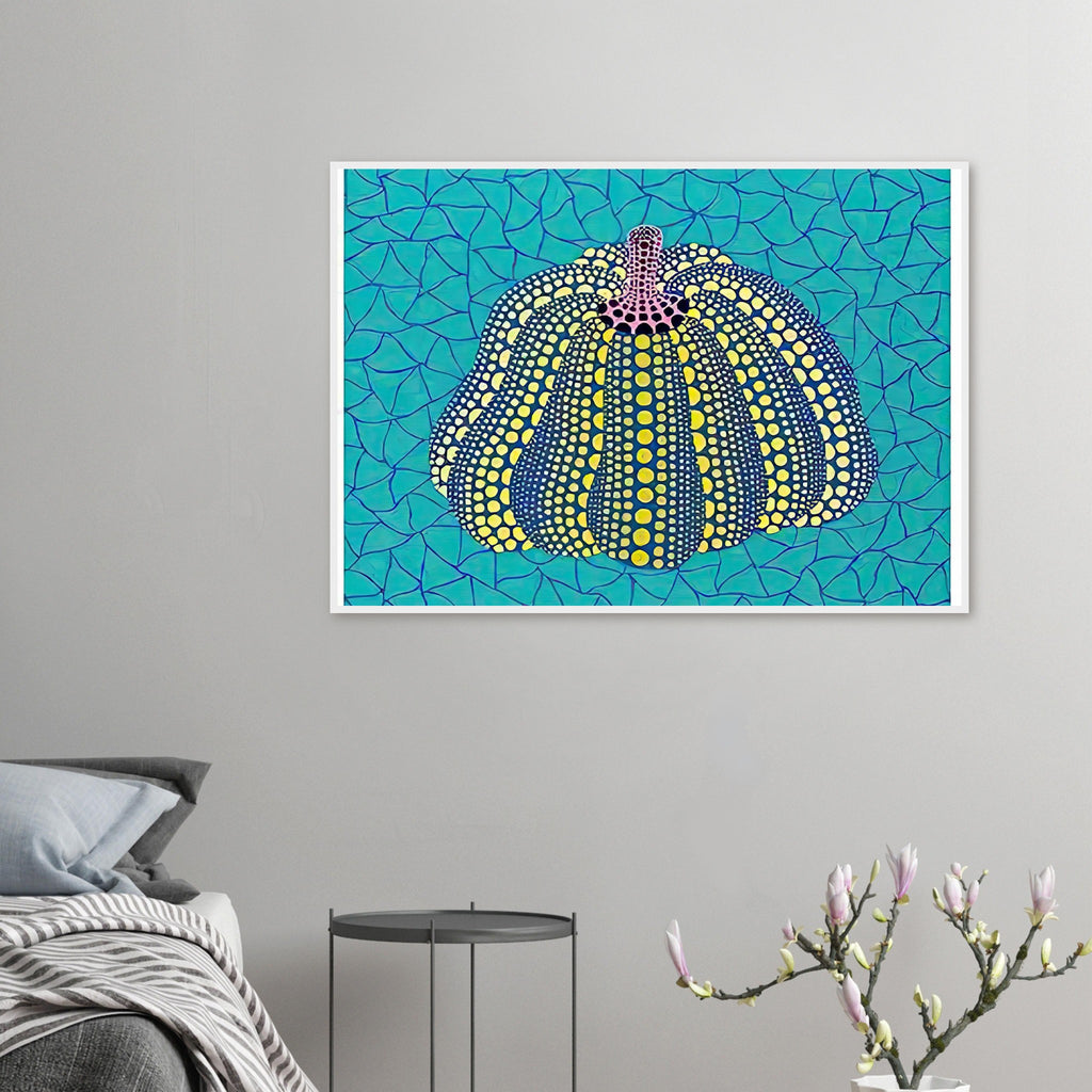 Yayoi Kusama framed print — Pumpkin (OG) [Kusama 156] revisits Kusama’s best-known vegetable through the relationship between its distinctive form and repeating ornament