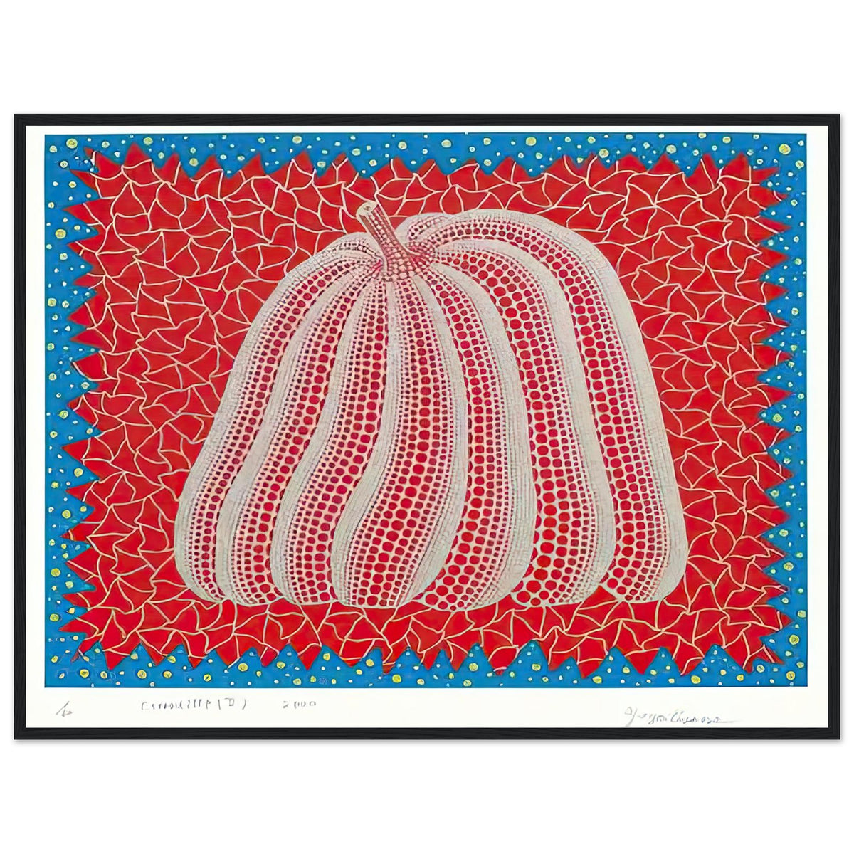 Yayoi Kusama framed print — Citrouille II from Amour pour Toujours gives Kusama’s beloved pumpkin a celebratory role within a portfolio devoted to love, black frame, 60x80 cm / 24x32″