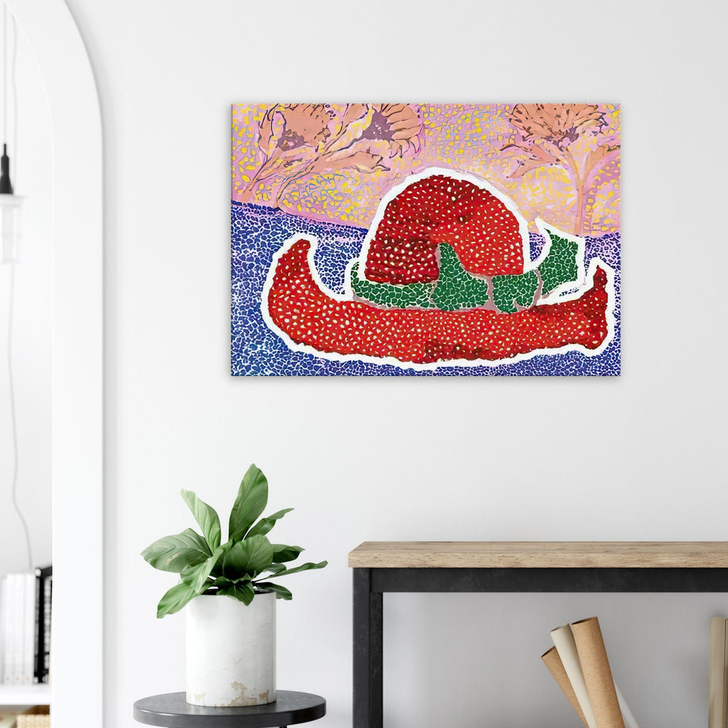 Yayoi Kusama canvas print — Hat Left Behind in the Field turns an unattended accessory into a scene with an implied human presence