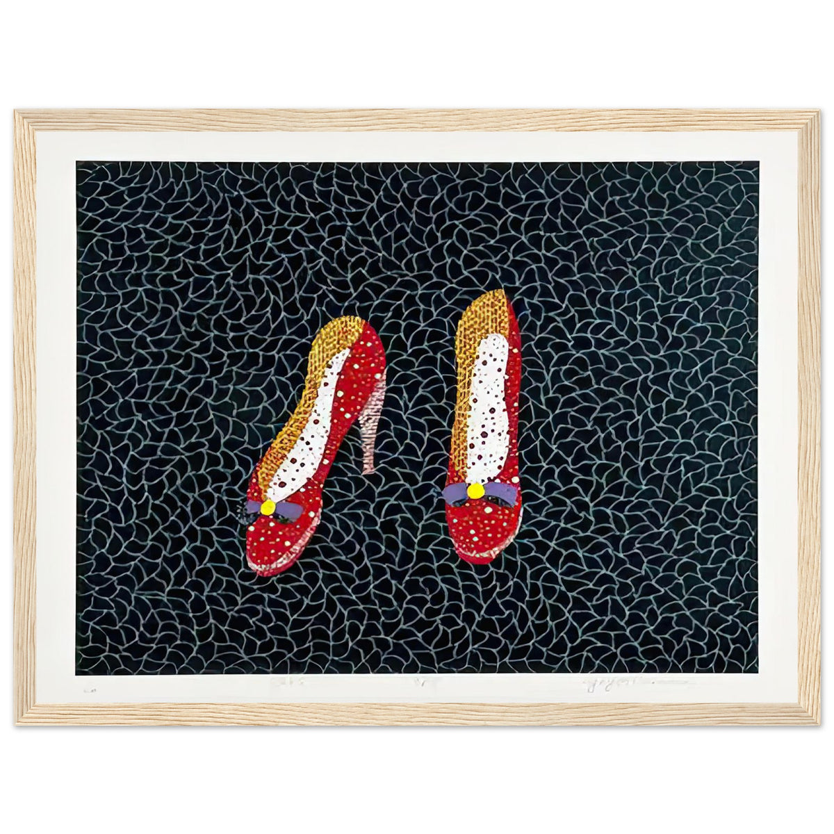 Yayoi Kusama framed print — Shoes (2) turns a footwear object into an image about shape, balance and individuality, wood frame, 30x40 cm / 12x16″