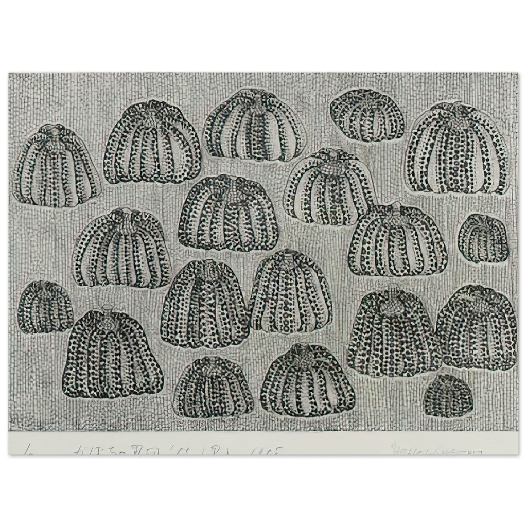 Yayoi Kusama poster — Pumpkin Army (black and white) turns a single familiar vegetable into a collective presence, 15x20 cm / 6x8″