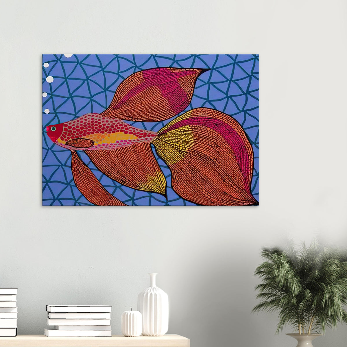 Yayoi Kusama canvas print — Goldfish shifts Kusama’s attention from land-based motifs to an aquatic creature whose graceful outline invites a playful graphic treatment