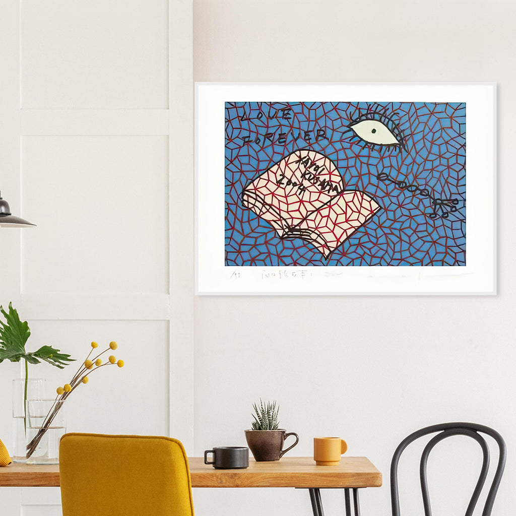 Yayoi Kusama framed print — Book to Read at Night E places an illustrated book at the center of a strange, poetic visual world
