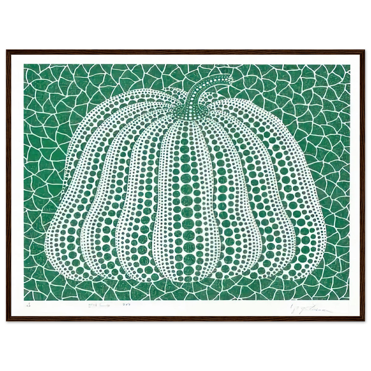 Yayoi Kusama framed print — Pumpkin Green presents Kusama’s familiar pumpkin through an explicitly green variation, dark wood frame, 60x80 cm / 24x32″