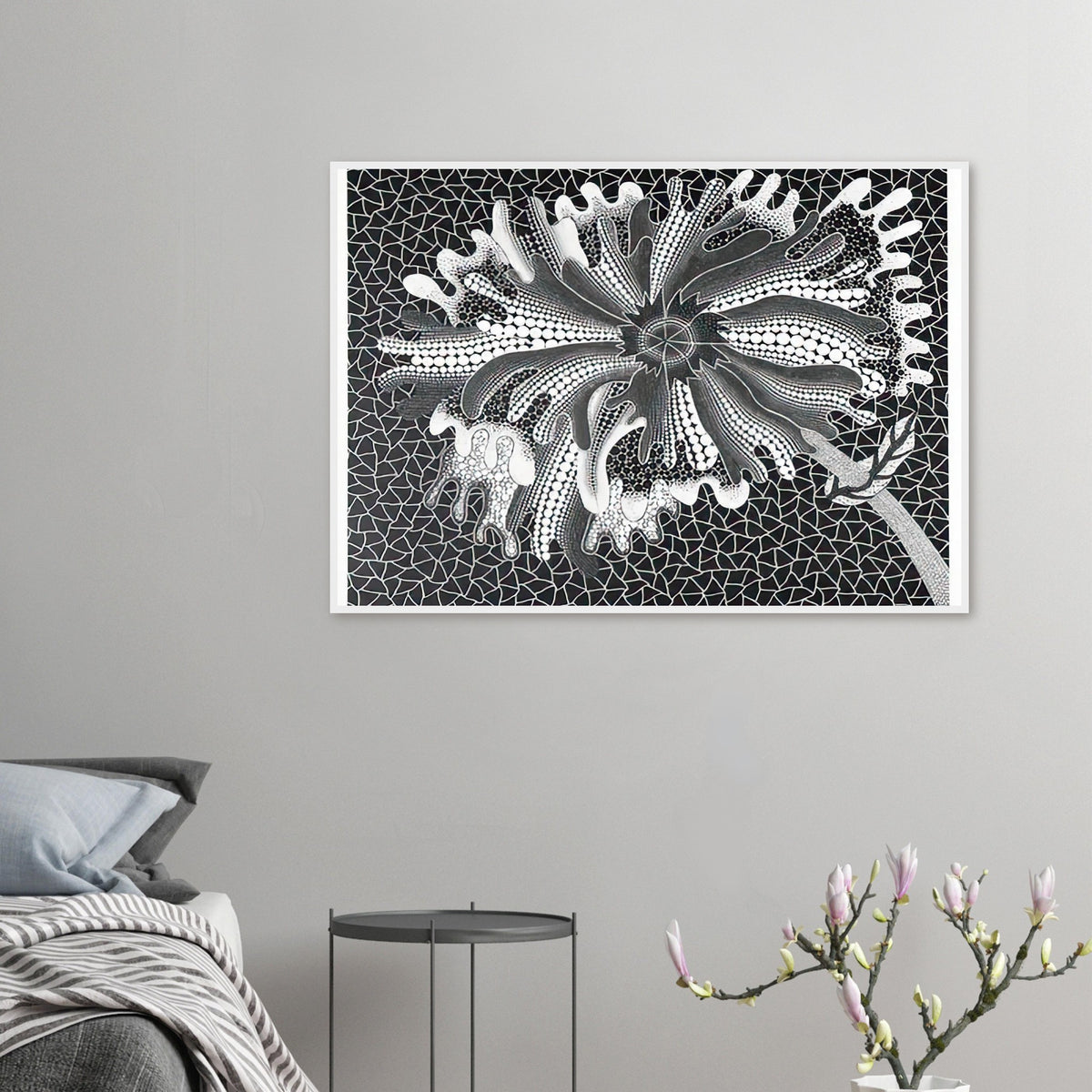 Yayoi Kusama framed print — Flower (XL) treats a single flowering motif as a complete visual world
