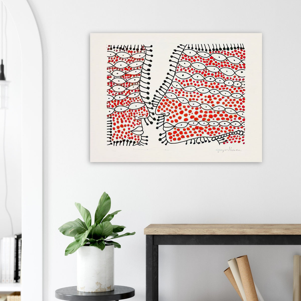 Yayoi Kusama poster — Beginning of Love suggests an intimate emotional moment expressed through Kusama’s recurring language of patterns and simple forms