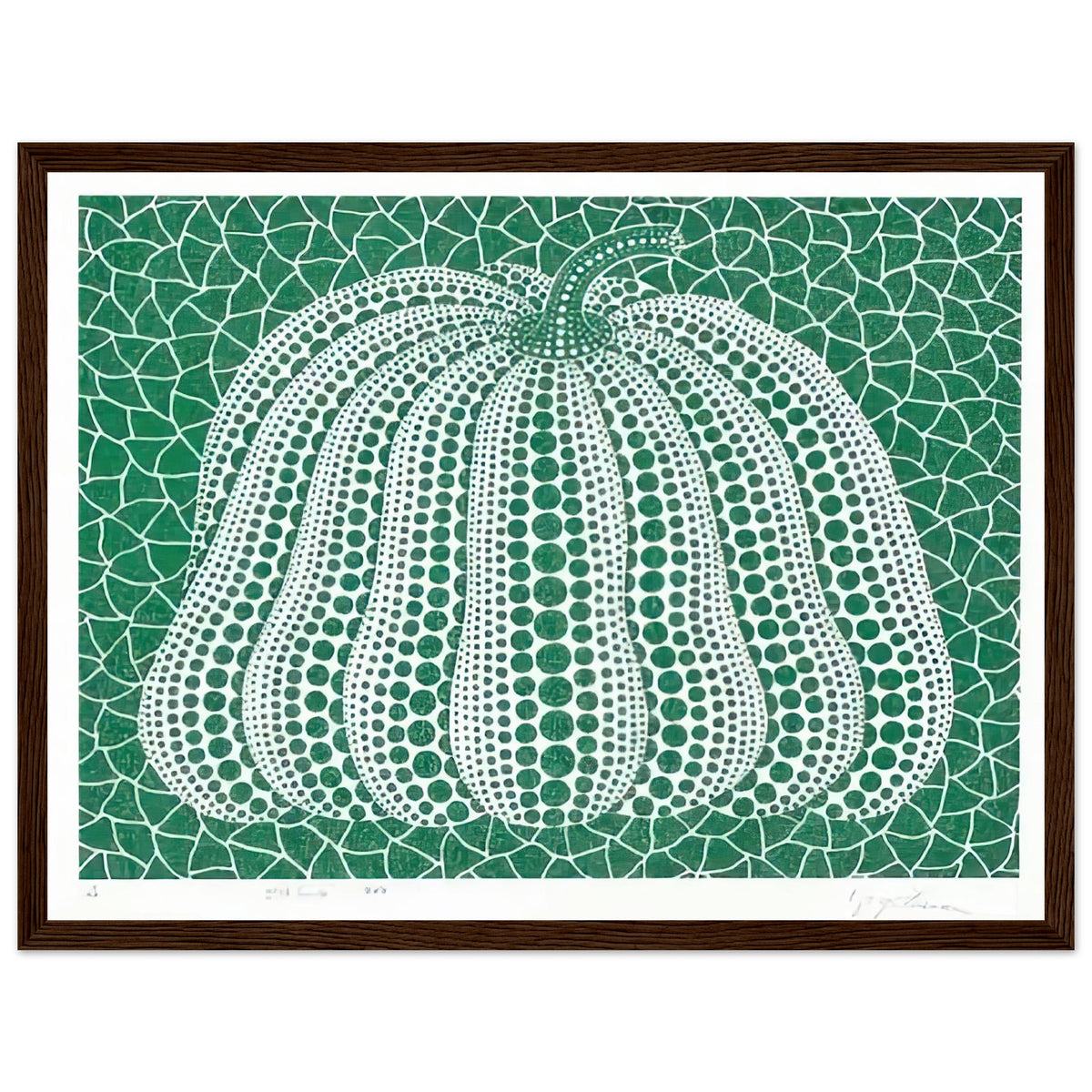 Yayoi Kusama framed print — Pumpkin Green presents Kusama’s familiar pumpkin through an explicitly green variation, dark wood frame, 30x40 cm / 12x16″