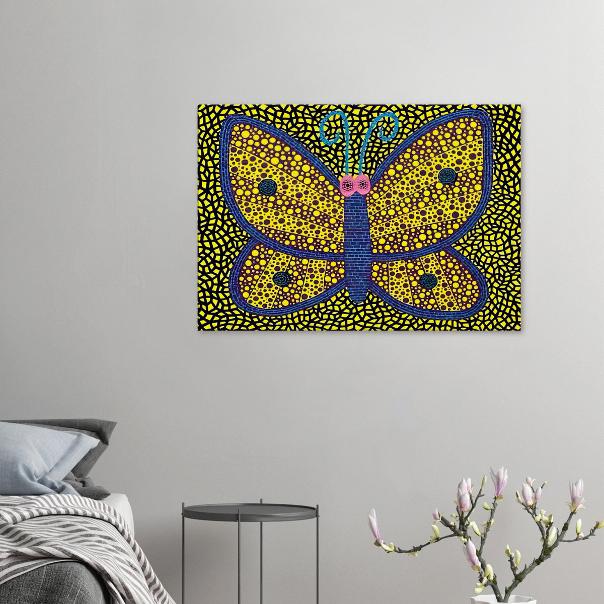 Yayoi Kusama canvas print — Papillon I from Amour pour Toujours explores the butterfly as a symbol of delicacy and transformation