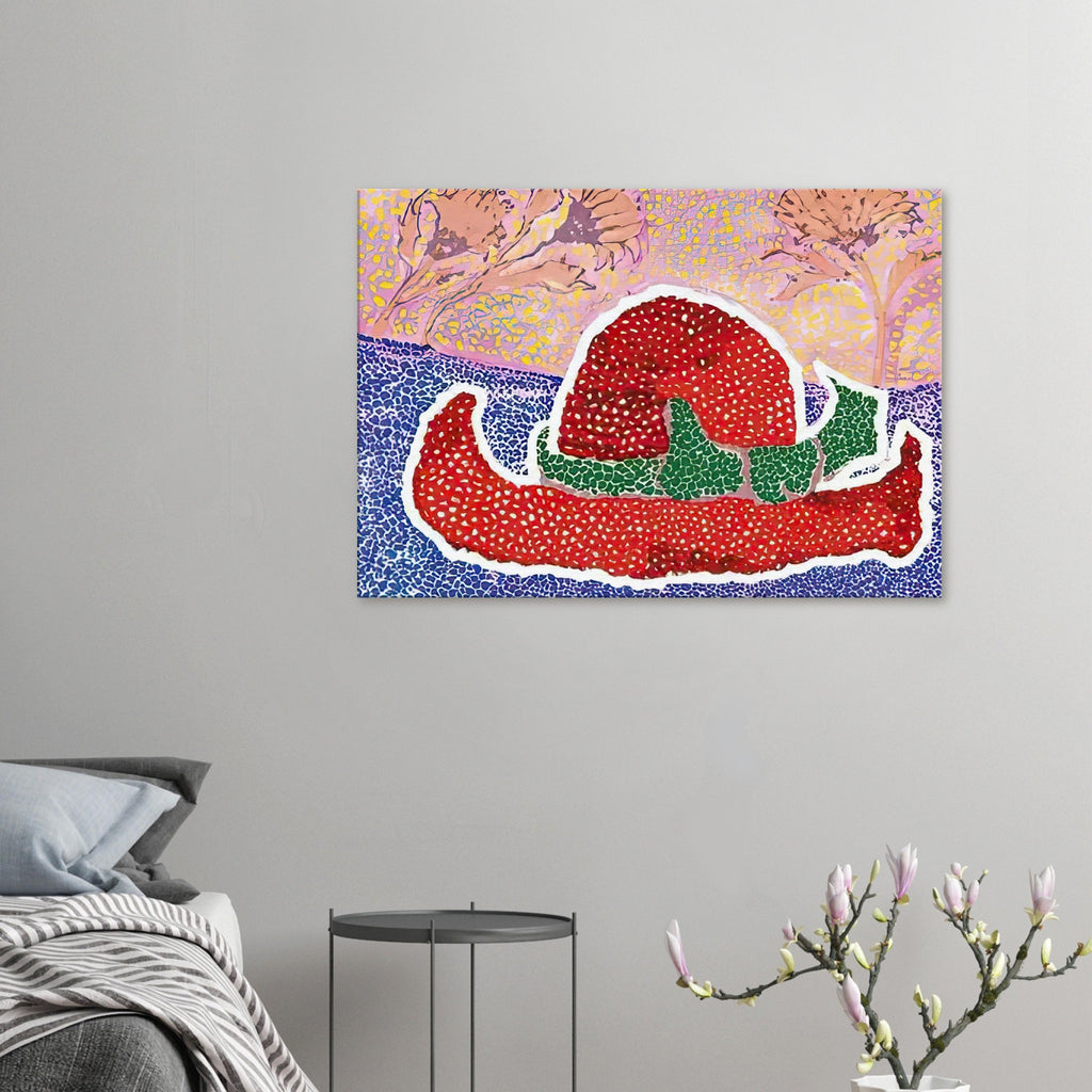 Yayoi Kusama canvas print — Hat Left Behind in the Field turns an unattended accessory into a scene with an implied human presence