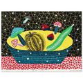 Yayoi Kusama poster — Fruits (2) turns an arrangement of fruit into a deliberately ornamental still life, 15x20 cm / 6x8″