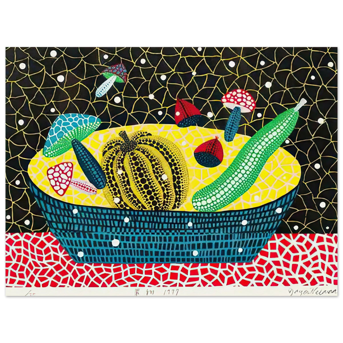 Yayoi Kusama poster — Fruits (2) turns an arrangement of fruit into a deliberately ornamental still life, 15x20 cm / 6x8″