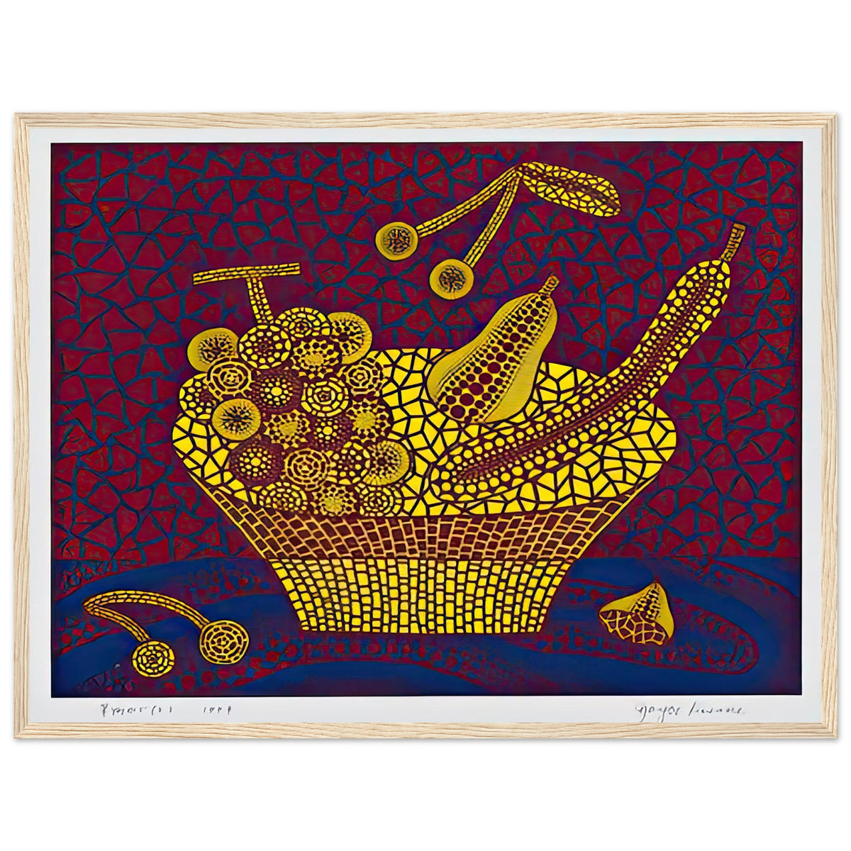 Yayoi Kusama framed print — Fruit Basket (2) by Yayoi Kusama explores one of the artist’s recurring subjects: the abundance of ordinary fruit, wood frame, 45x60 cm / 18x24″