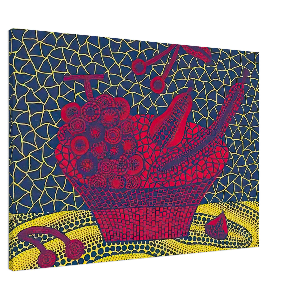Yayoi Kusama canvas print — Fruit Basket (5) by Yayoi Kusama explores one of the artist’s recurring subjects: the abundance of ordinary fruit, 70x100 cm / 28x40″
