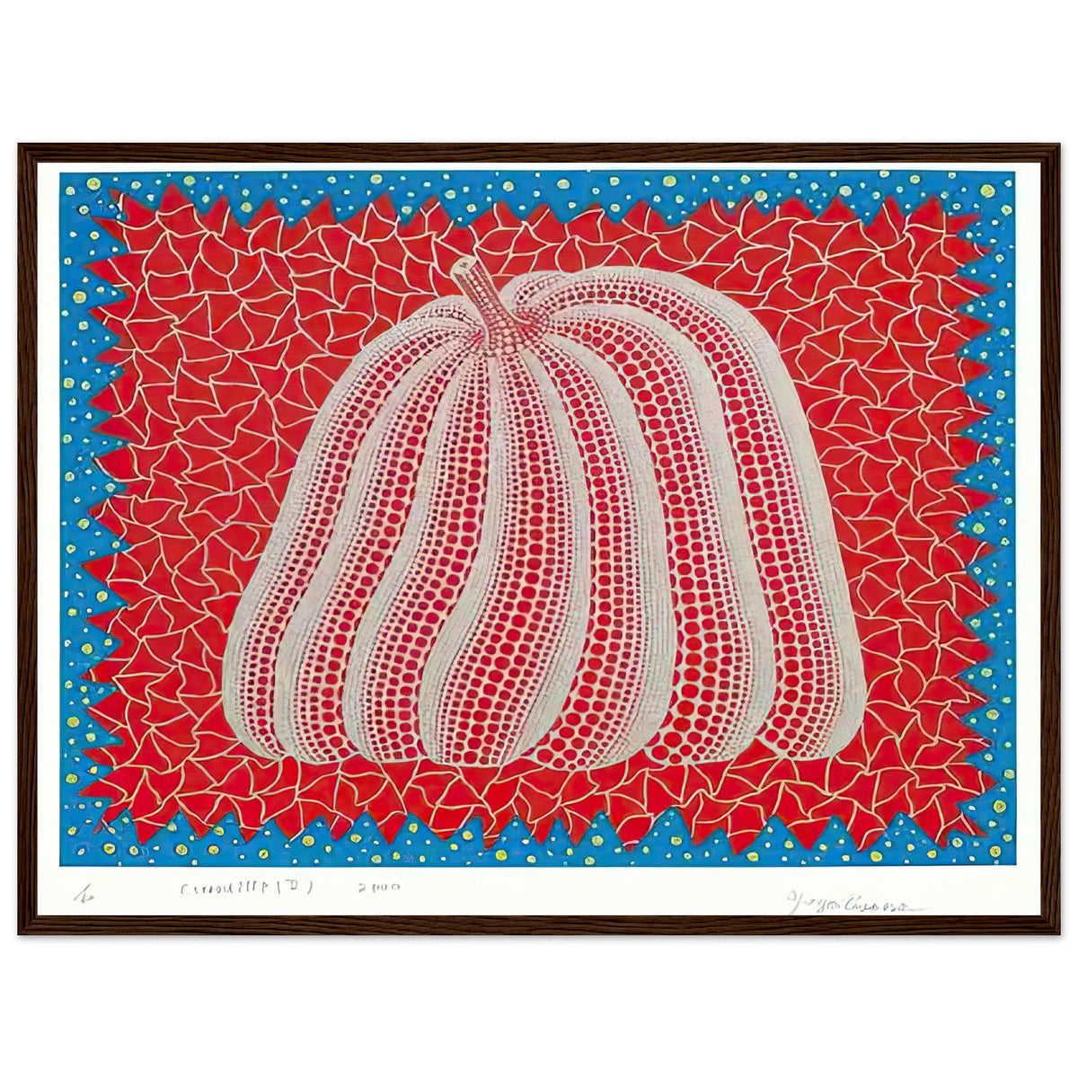 Yayoi Kusama framed print — Citrouille II from Amour pour Toujours gives Kusama’s beloved pumpkin a celebratory role within a portfolio devoted to love, dark wood frame, 45x60 cm / 18x24″