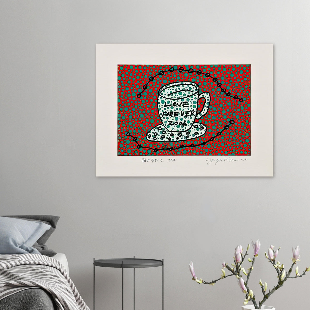 Yayoi Kusama poster — Morning Is Here (C) joins a series of compact 2004 prints in which the beginning of the day becomes a subject for personal symbols and tightly controlled graphic