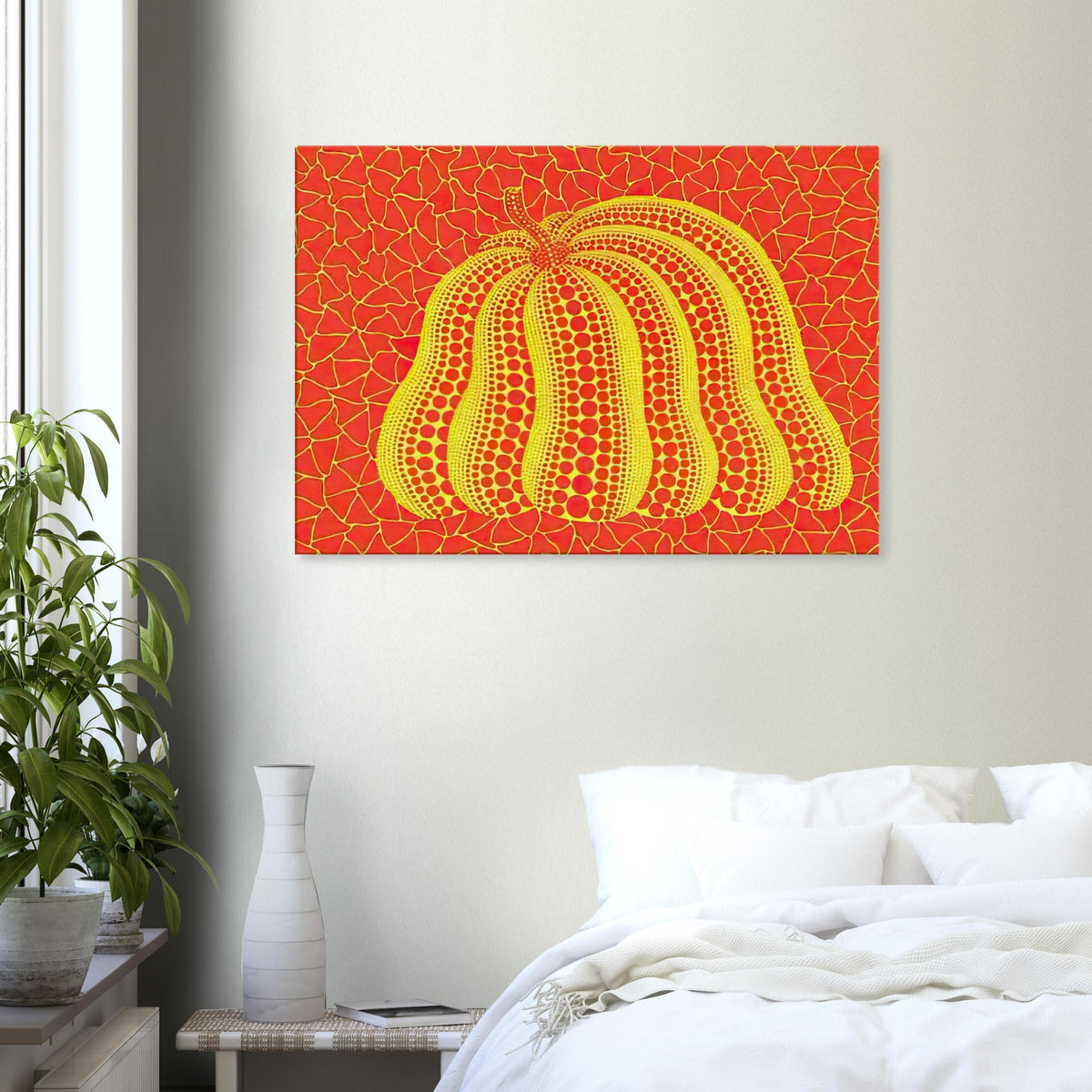 Yayoi Kusama canvas print — Pumpkin (YOR-A) [Kusama 326] revisits Kusama’s best-known vegetable through the relationship between its distinctive form and repeating ornament