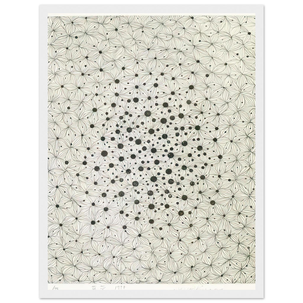 Yayoi Kusama framed print — Instead of showing a whole bouquet, Pistils and Stamens focuses attention on the reproductive structures at the heart of a flower, white frame, 30x40 cm / 12x16″