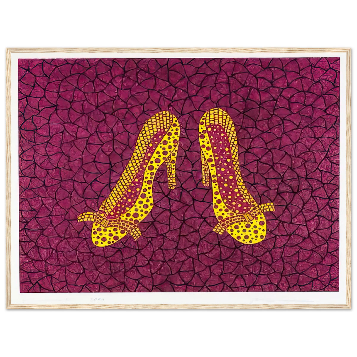 Yayoi Kusama framed print — High Heels (2) makes a fashion accessory the protagonist of a Kusama print, wood frame, 60x80 cm / 24x32″