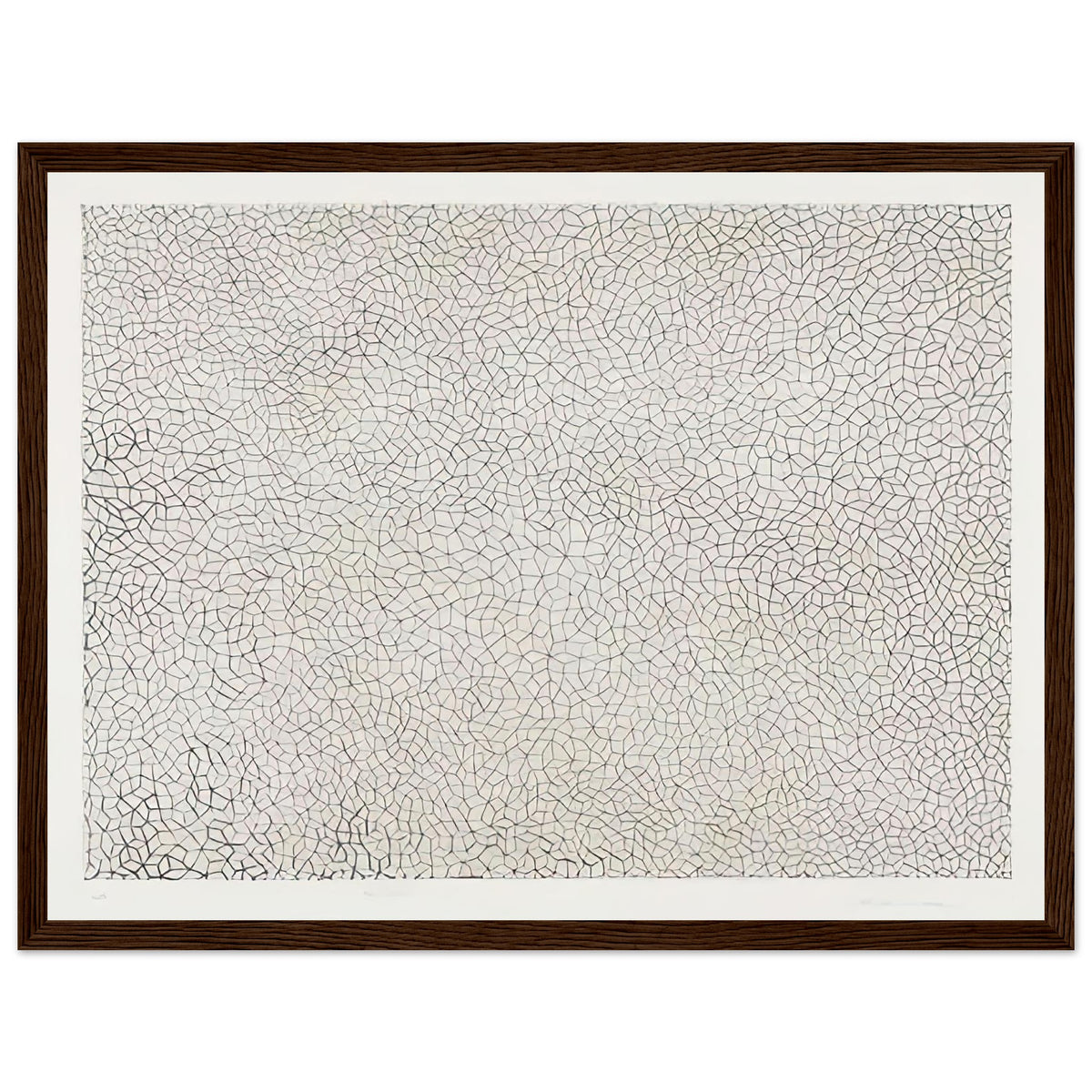 Yayoi Kusama framed print — Infinity Nets (Image 3) explores Kusama’s Infinity Net as a field built from countless repeated marks, dark wood frame, 30x40 cm / 12x16″
