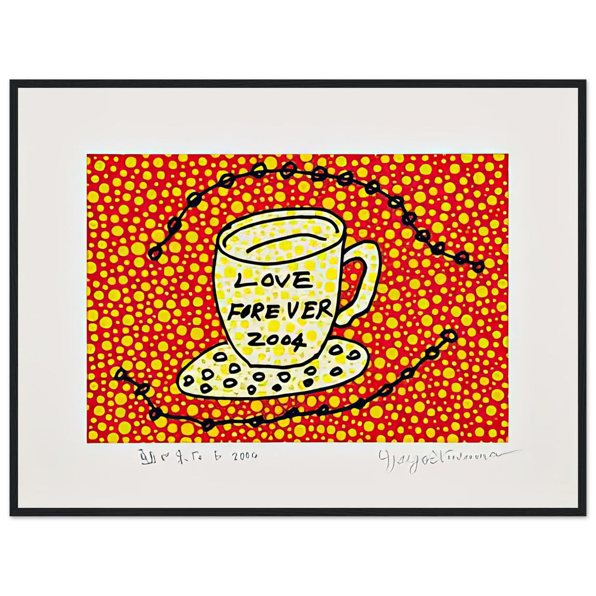 Yayoi Kusama framed print — Morning Is Here (E) joins a series of compact 2004 prints in which the beginning of the day becomes a subject for personal symbols and tightly controlled graphic, black frame, 60x80 cm / 24x32″