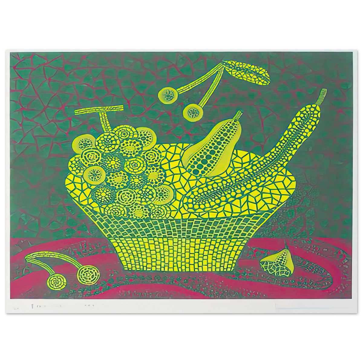 Yayoi Kusama poster — Fruit Basket (4) by Yayoi Kusama explores one of the artist’s recurring subjects: the abundance of ordinary fruit, 75x100 cm / 30x40″