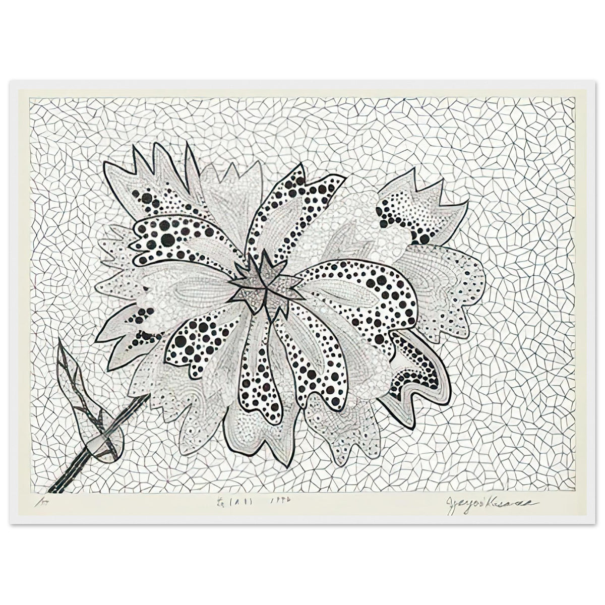 Yayoi Kusama framed print — Flower (A–B) places two designated botanical variations together in a single listing, white frame, 60x80 cm / 24x32″