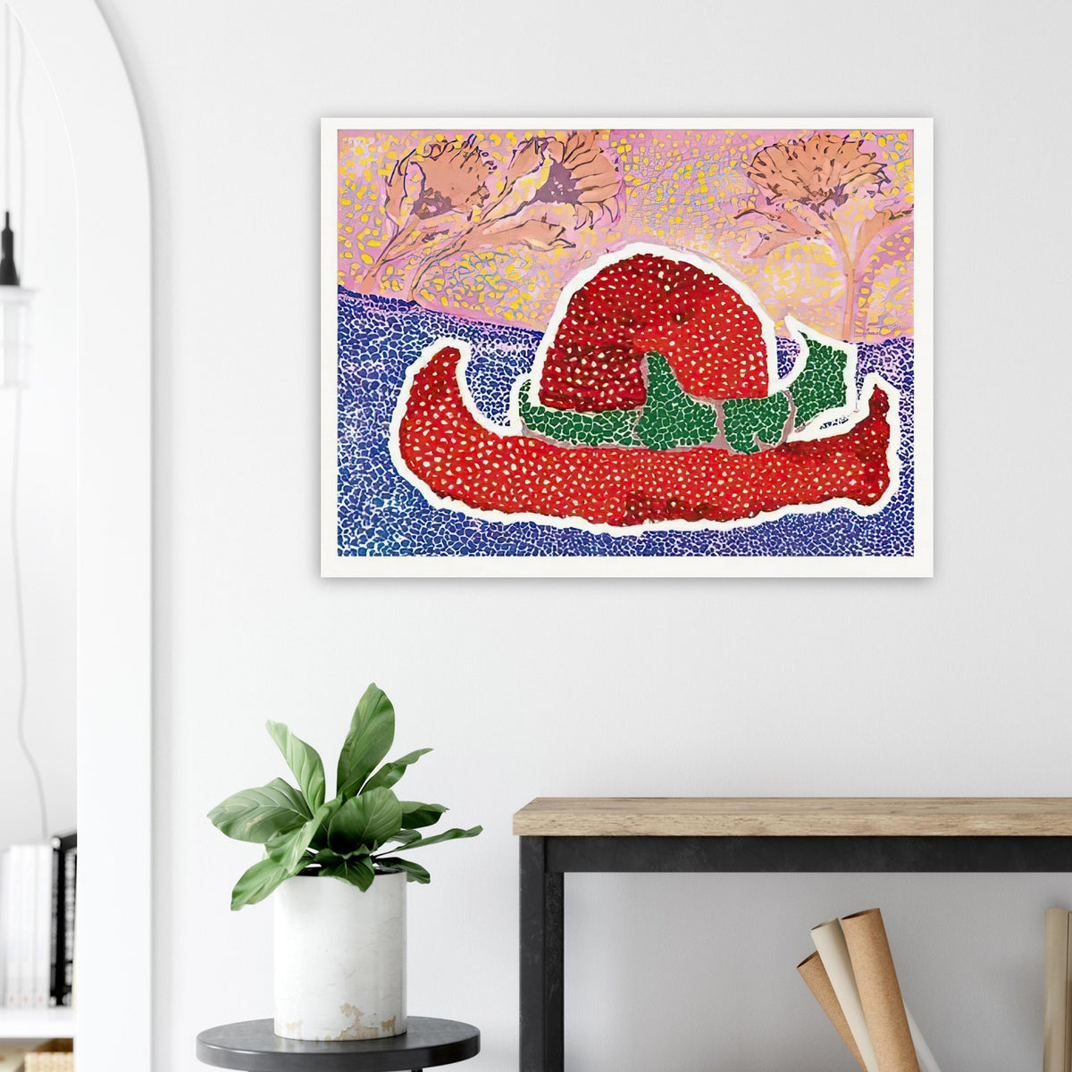 Yayoi Kusama poster — Hat Left Behind in the Field turns an unattended accessory into a scene with an implied human presence