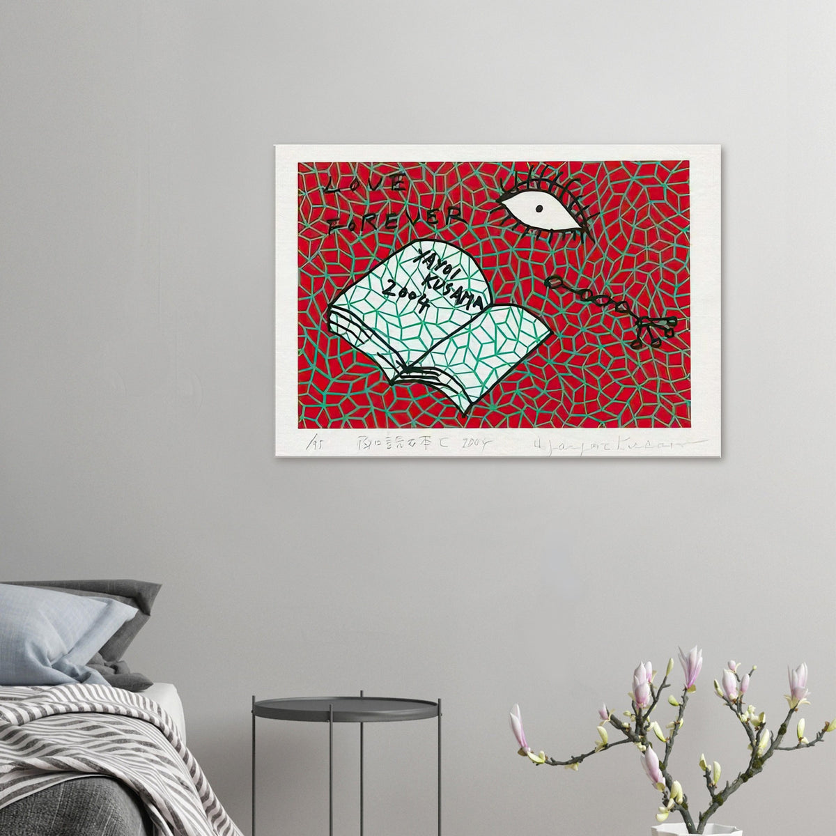 Yayoi Kusama canvas print — Book to Read at Night C places an illustrated book at the center of a strange, poetic visual world