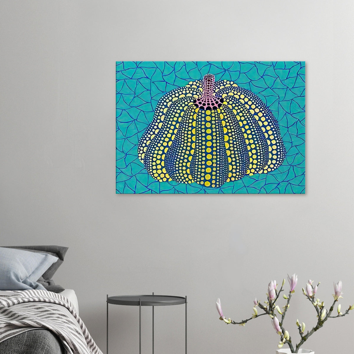 Yayoi Kusama canvas print — Pumpkin (OG) [Kusama 156] revisits Kusama’s best-known vegetable through the relationship between its distinctive form and repeating ornament