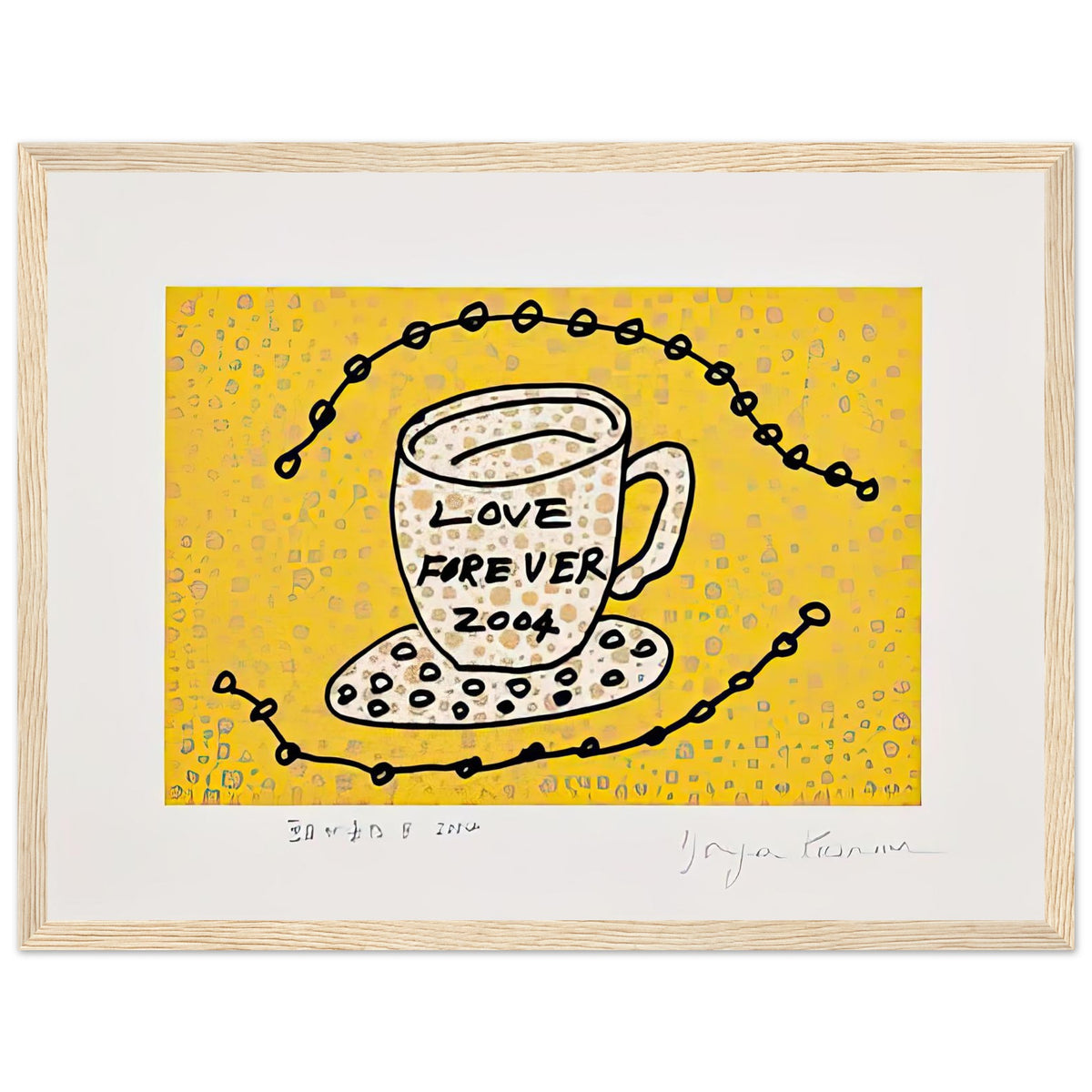 Yayoi Kusama framed print — Morning Is Here (B) joins a series of compact 2004 prints in which the beginning of the day becomes a subject for personal symbols and tightly controlled graphic, wood frame, 30x40 cm / 12x16″