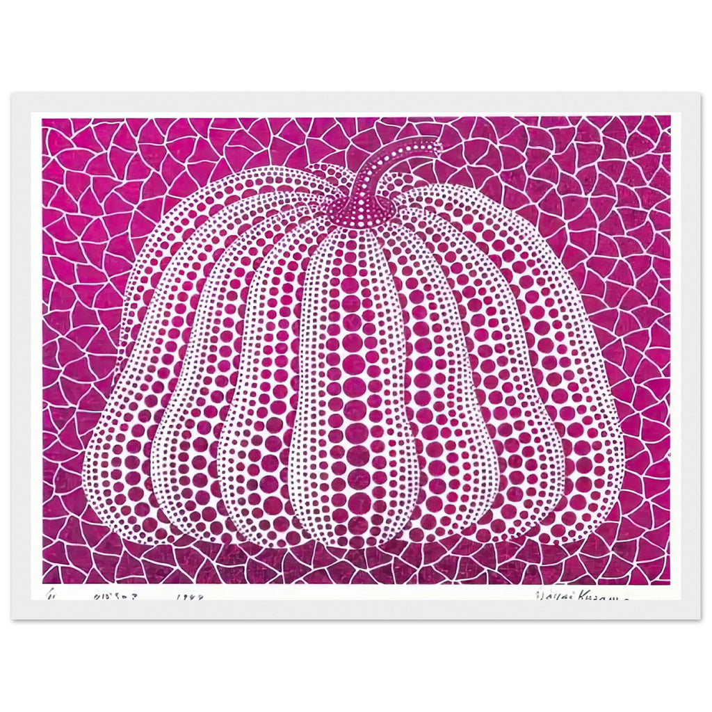 Yayoi Kusama framed print of Pumpkin Purple — pumpkin Purple presents Kusama’s familiar pumpkin through an explicitly purple variation. The simple vegetable becomes a character-like artistic presence when its rounded form is combined with repeated marks, white frame, 30x40 cm / 12x16″