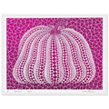 Yayoi Kusama framed print of Pumpkin Purple — pumpkin Purple presents Kusama’s familiar pumpkin through an explicitly purple variation. The simple vegetable becomes a character-like artistic presence when its rounded form is combined with repeated marks, white frame, 30x40 cm / 12x16″