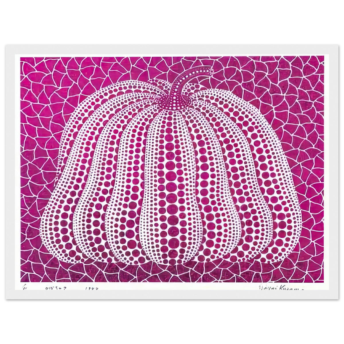 Yayoi Kusama framed print of Pumpkin Purple — pumpkin Purple presents Kusama’s familiar pumpkin through an explicitly purple variation. The simple vegetable becomes a character-like artistic presence when its rounded form is combined with repeated marks, white frame, 30x40 cm / 12x16″