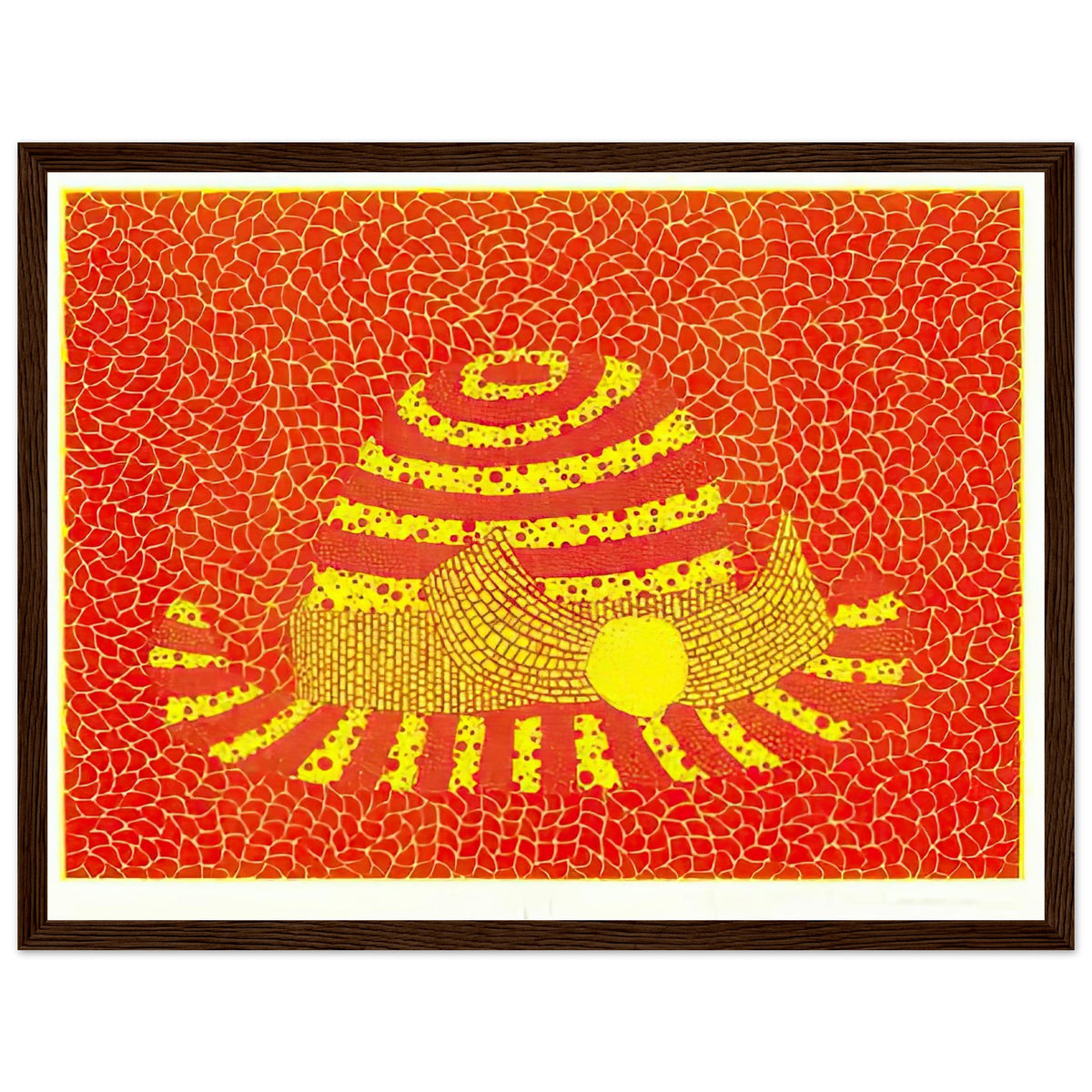 Yayoi Kusama framed print — Hat (Orange) presents a familiar accessory as an exercise in changing color and graphic character, dark wood frame, 30x40 cm / 12x16″