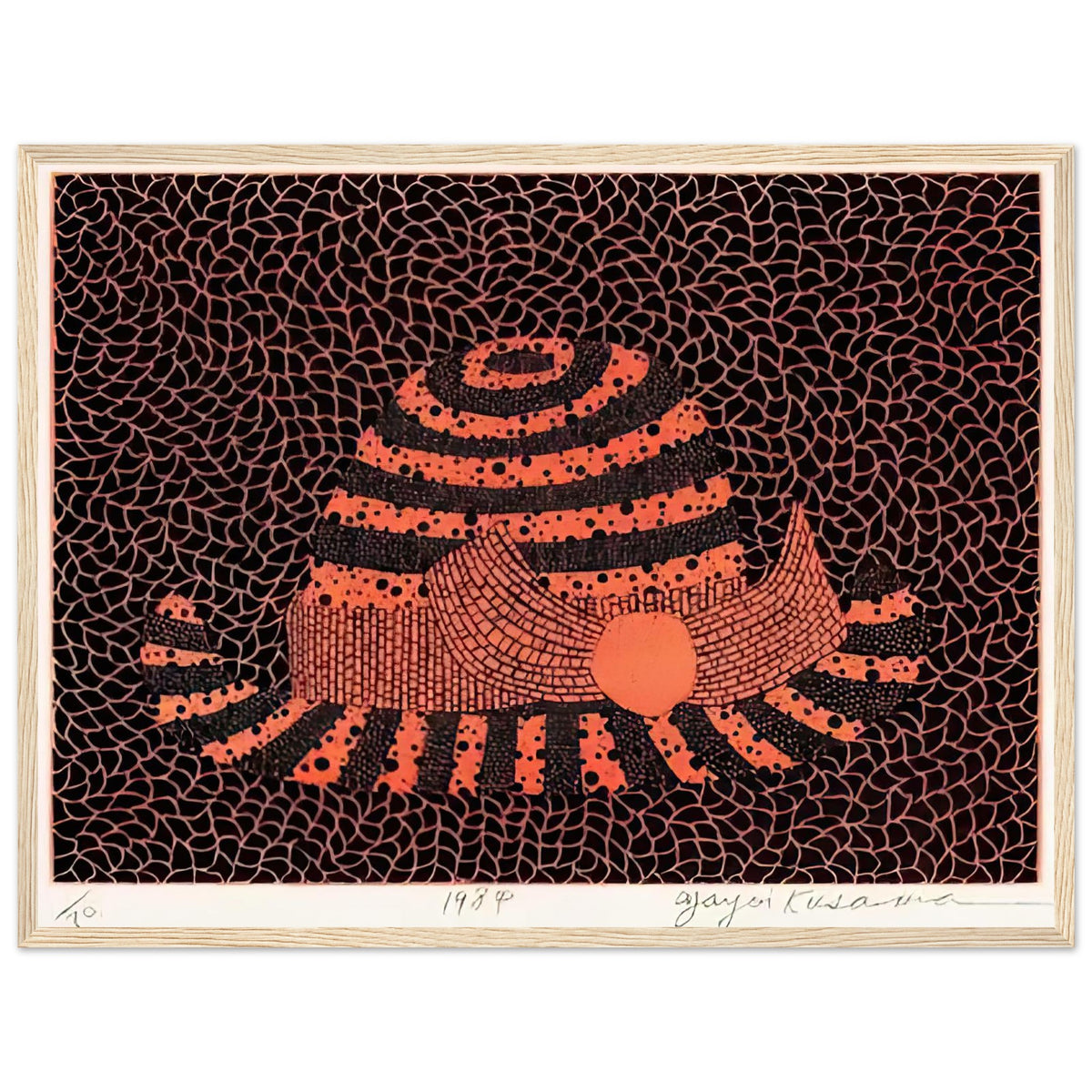 Yayoi Kusama framed print — Hat (2) turns an everyday hat into a subject for playful observation, wood frame, 45x60 cm / 18x24″