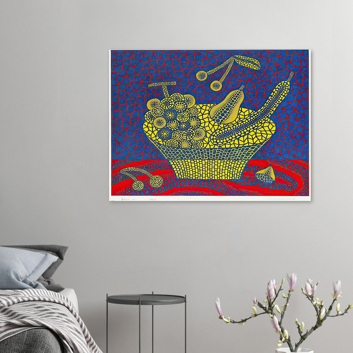Yayoi Kusama poster — Fruit Basket (1) by Yayoi Kusama explores one of the artist’s recurring subjects: the abundance of ordinary fruit