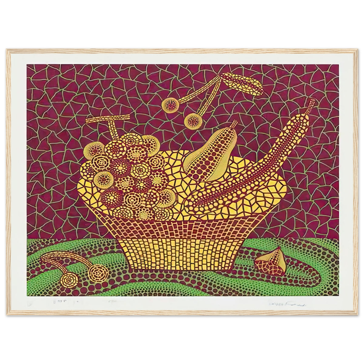Yayoi Kusama framed print — Fruit Basket (3) by Yayoi Kusama explores one of the artist’s recurring subjects: the abundance of ordinary fruit, wood frame, 60x80 cm / 24x32″