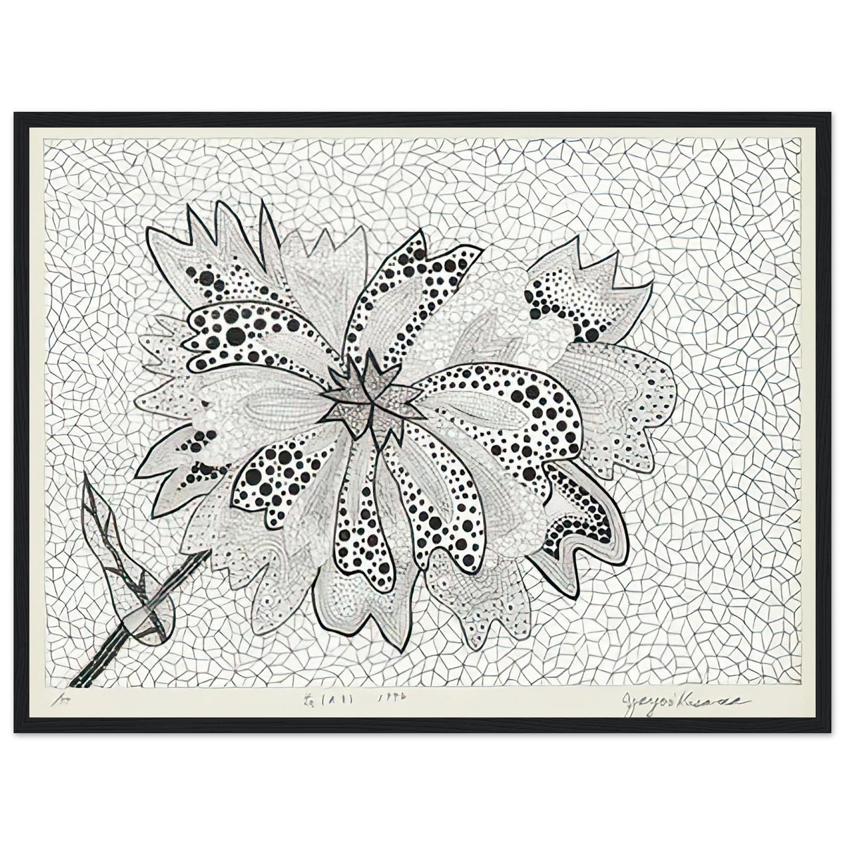 Yayoi Kusama framed print — Flower (A–B) places two designated botanical variations together in a single listing, black frame, 45x60 cm / 18x24″