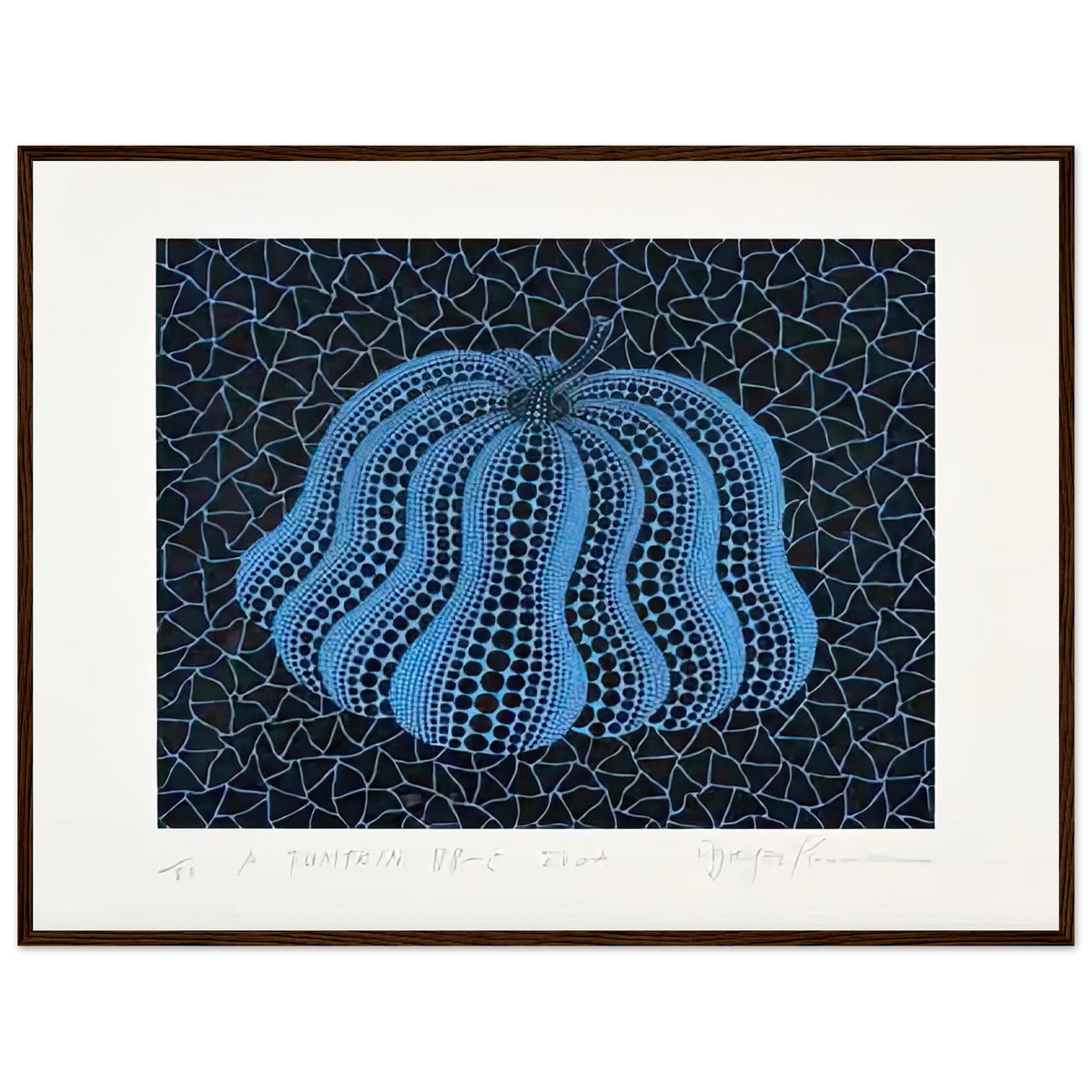 Yayoi Kusama framed print — Pumpkin (BB-C) [Kusama 330] revisits Kusama’s best-known vegetable through the relationship between its distinctive form and repeating ornament, dark wood frame, 60x80 cm / 24x32″