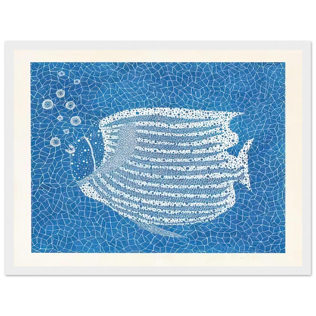 Yayoi Kusama framed print — Fish (2) gives the fish’s streamlined body and sense of underwater movement a graphic role, white frame, 30x40 cm / 12x16″