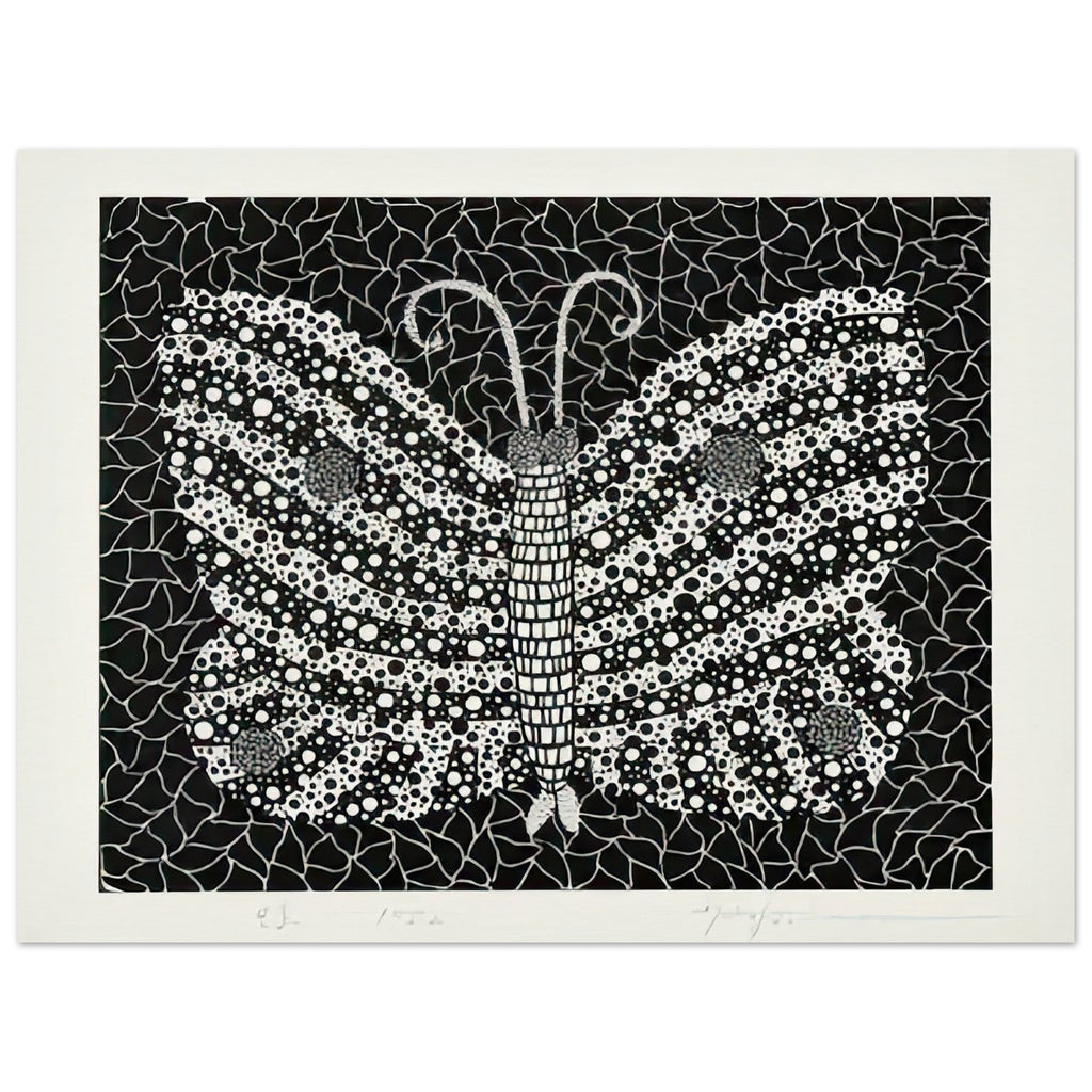 Yayoi Kusama poster — Butterfly [Kusama 18] by Yayoi Kusama takes the lightness of a butterfly and gives it graphic intensity through pattern, 15x20 cm / 6x8″