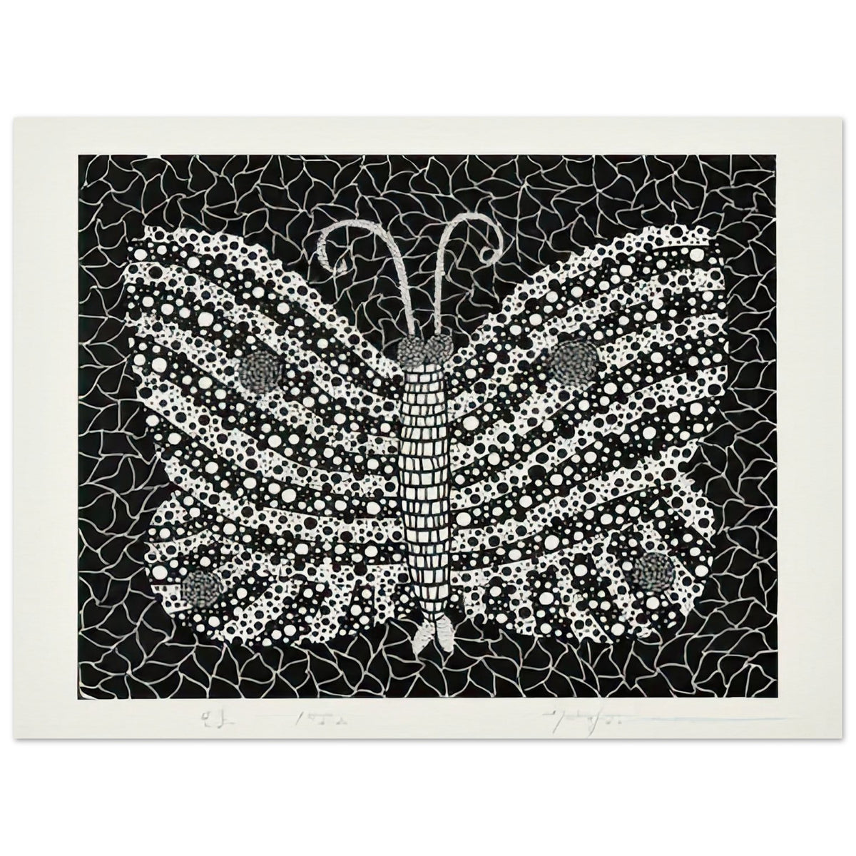 Yayoi Kusama poster — Butterfly [Kusama 18] by Yayoi Kusama takes the lightness of a butterfly and gives it graphic intensity through pattern, 15x20 cm / 6x8″