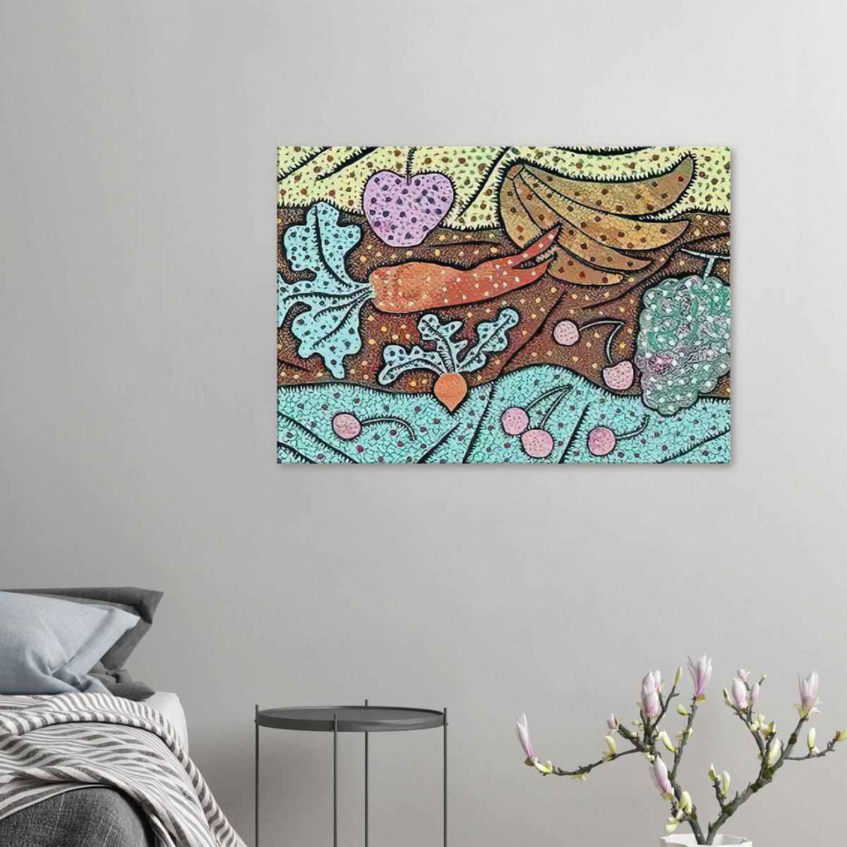 Yayoi Kusama canvas print — Standing in the Visionary Field belongs to Kusama’s important early printmaking period and combines an imaginative landscape with the visual idea of proliferation