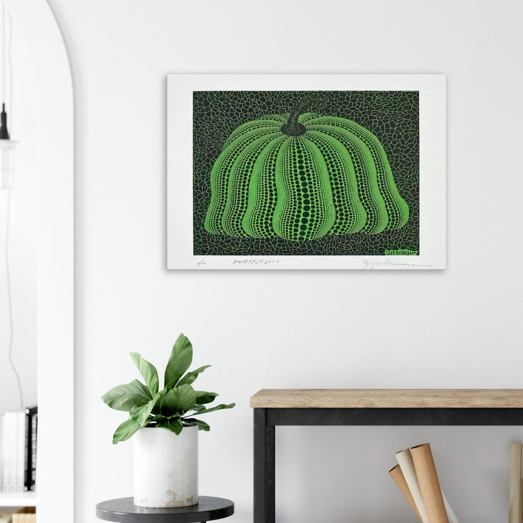 Yayoi Kusama canvas print — Pumpkin 2000 (Green) uses a green treatment to reinterpret one of Kusama’s most affectionate subjects