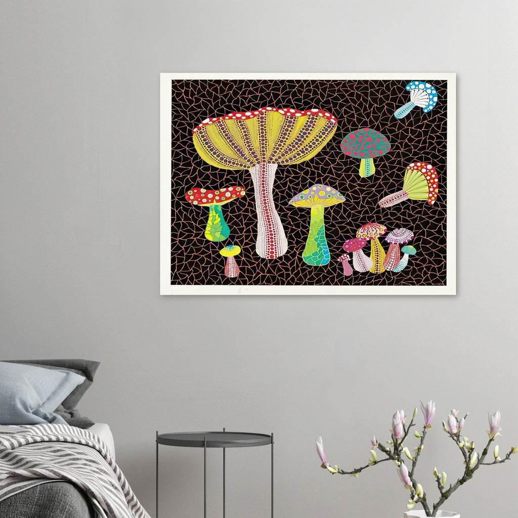 Yayoi Kusama poster — Toadstools explores the eccentric shapes of woodland fungi, balancing rounded caps and slender supports