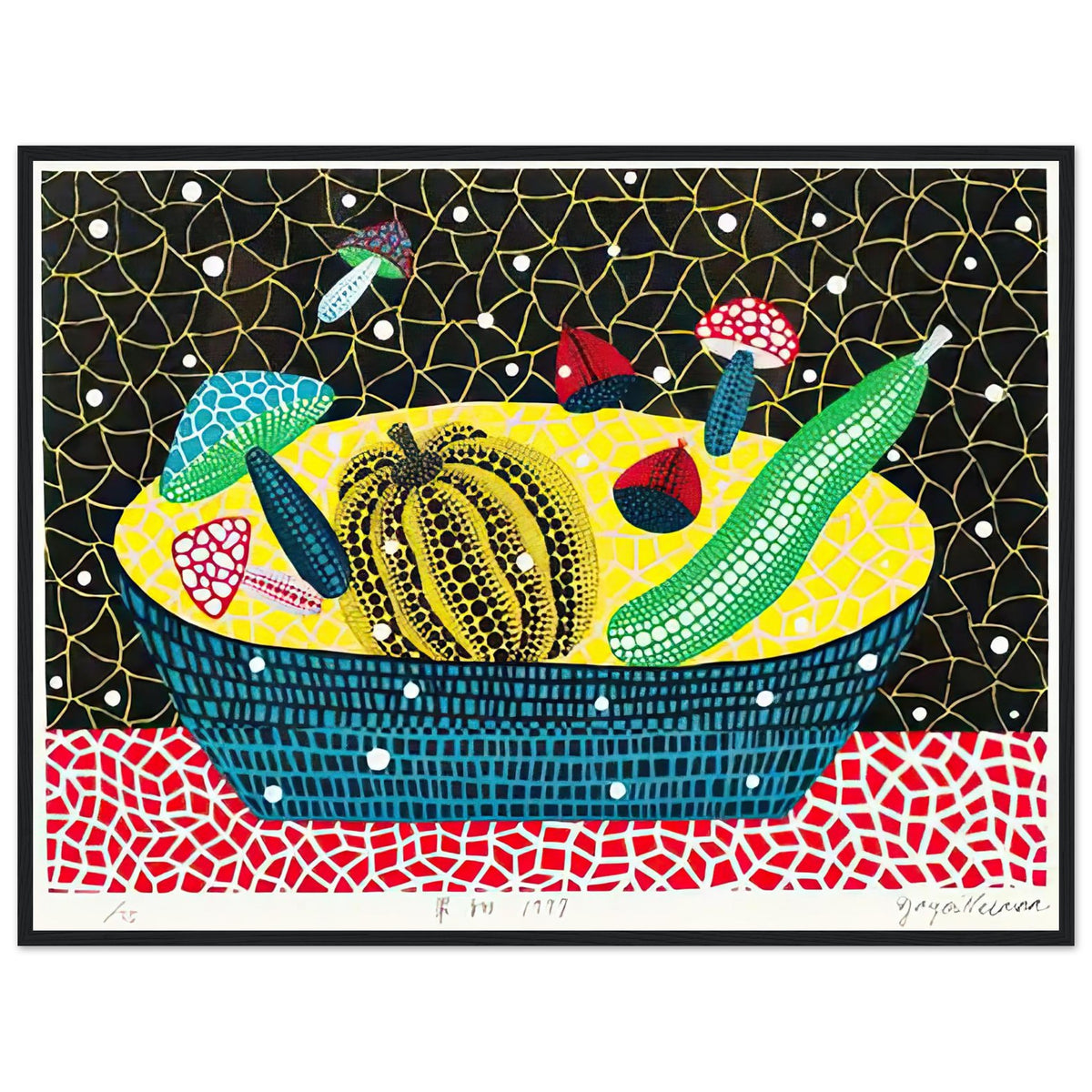 Yayoi Kusama framed print — Fruits (2) turns an arrangement of fruit into a deliberately ornamental still life, black frame, 60x80 cm / 24x32″