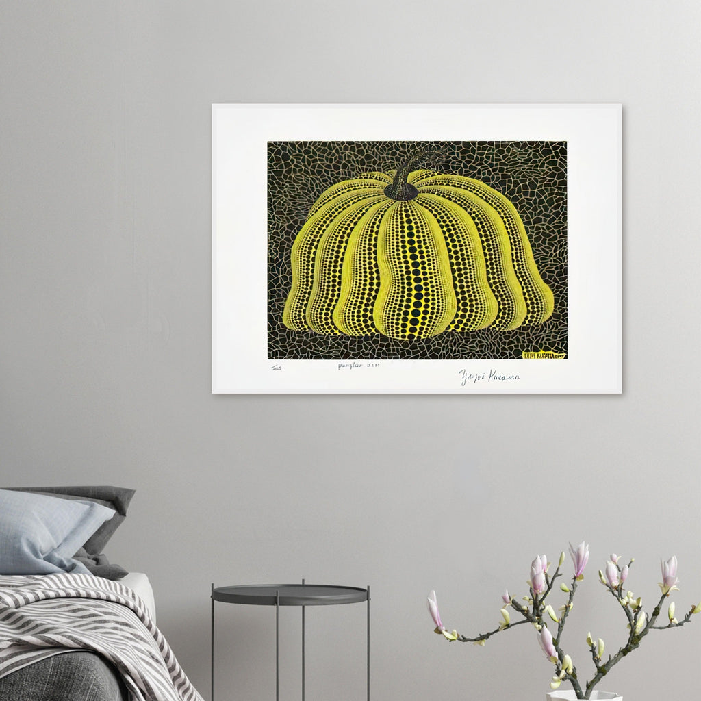 Yayoi Kusama framed print — Pumpkin 2000 (Yellow) uses a yellow treatment to reinterpret one of Kusama’s most affectionate subjects