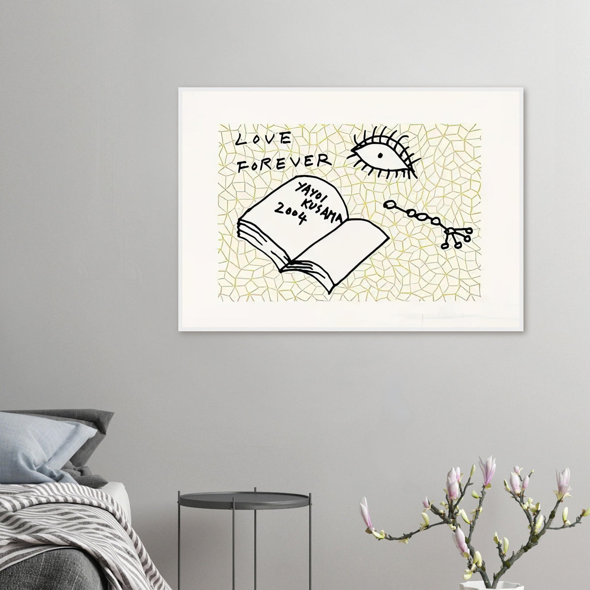 Yayoi Kusama framed print — Book to Read at Night A places an illustrated book at the center of a strange, poetic visual world