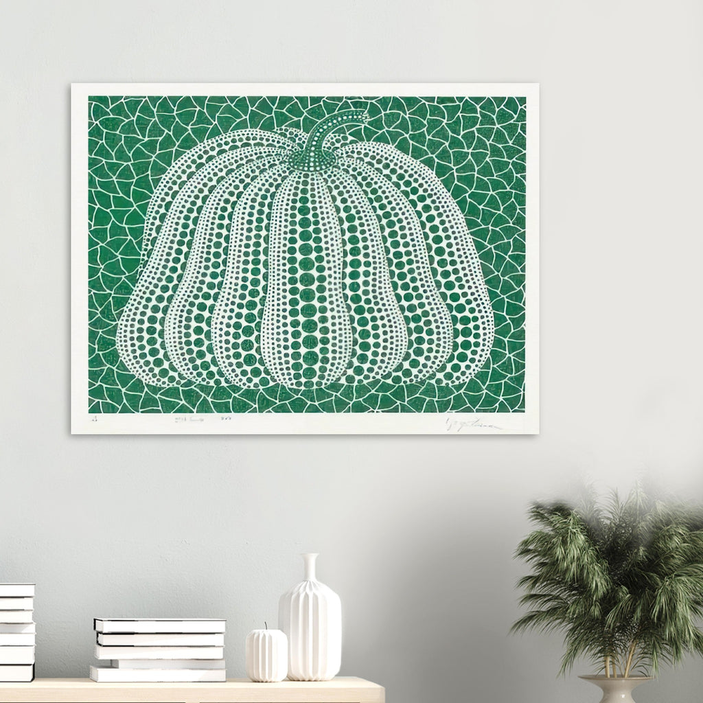 Yayoi Kusama poster — Pumpkin Green presents Kusama’s familiar pumpkin through an explicitly green variation